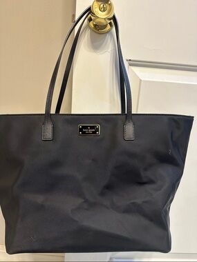 kate spade black nylon tote with gold logo plaque